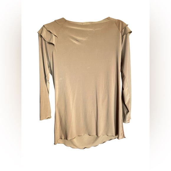 Suzie Couture Tan Ruffle V-Neck Blouse Draped Front Long Sleeve Size XL - Picture 2 of 3